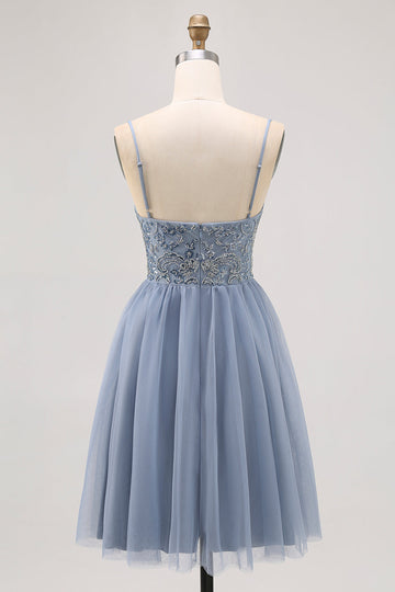 Grey Blue A-line Tulle Short Homecoming Dress with Beading